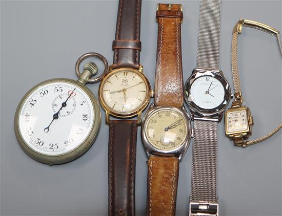 Four assorted wrist watches including Wirz and a base metal W.S.B.C. stopwatch.